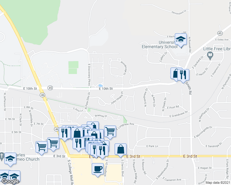 map of restaurants, bars, coffee shops, grocery stores, and more near 3401 John Hinkle Place in Bloomington