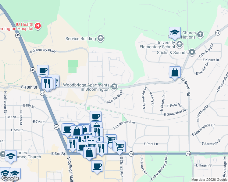 map of restaurants, bars, coffee shops, grocery stores, and more near 3401 John Hinkle Place in Bloomington