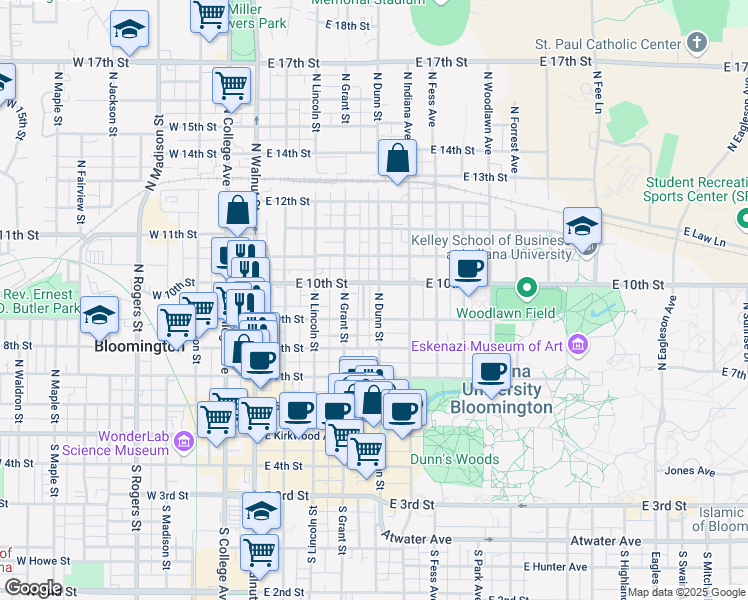 map of restaurants, bars, coffee shops, grocery stores, and more near 515 North Prow Avenue in Bloomington
