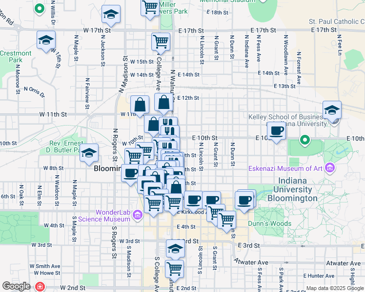 map of restaurants, bars, coffee shops, grocery stores, and more near 514 North Washington Street in Bloomington