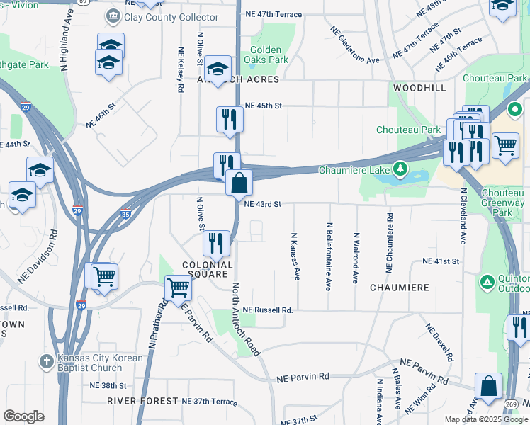 map of restaurants, bars, coffee shops, grocery stores, and more near 2633 Northeast 43rd Street in Kansas City