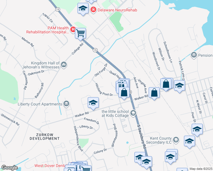map of restaurants, bars, coffee shops, grocery stores, and more near 31 Ironwood Circle in Dover