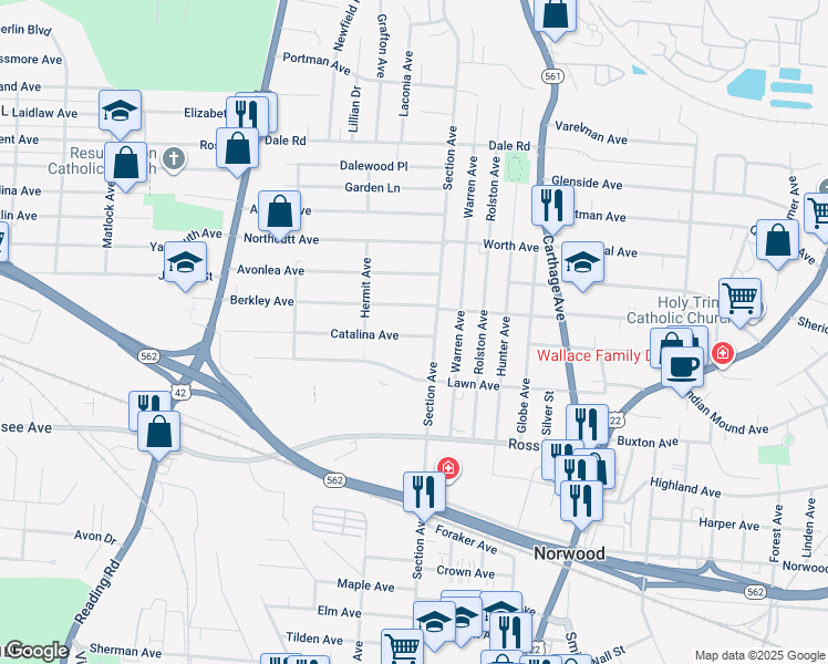 map of restaurants, bars, coffee shops, grocery stores, and more near 1952 Catalina Avenue in Cincinnati