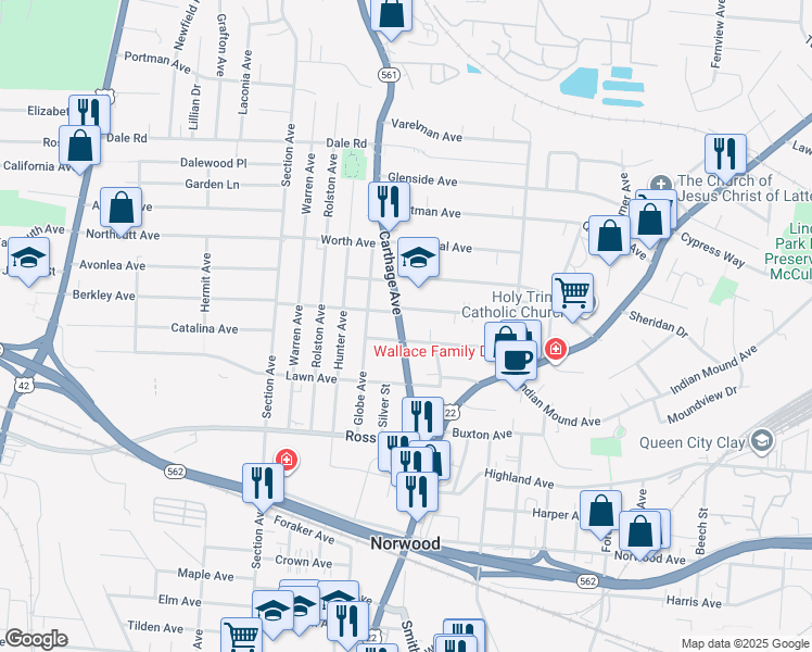 map of restaurants, bars, coffee shops, grocery stores, and more near 5310 Carthage Avenue in Cincinnati