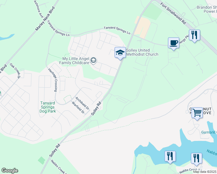 map of restaurants, bars, coffee shops, grocery stores, and more near 7650 Solley Rd in Glen Burnie
