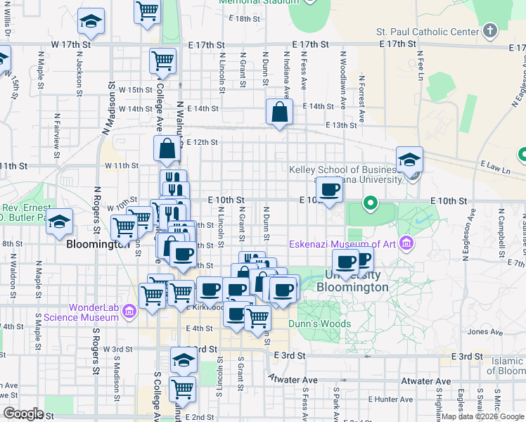 map of restaurants, bars, coffee shops, grocery stores, and more near 515 North Prow Avenue in Bloomington