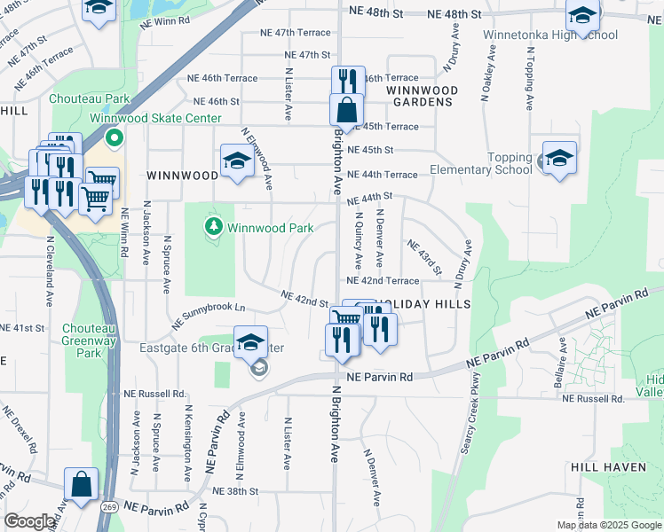 map of restaurants, bars, coffee shops, grocery stores, and more near 4238 North Brighton Avenue in Kansas City