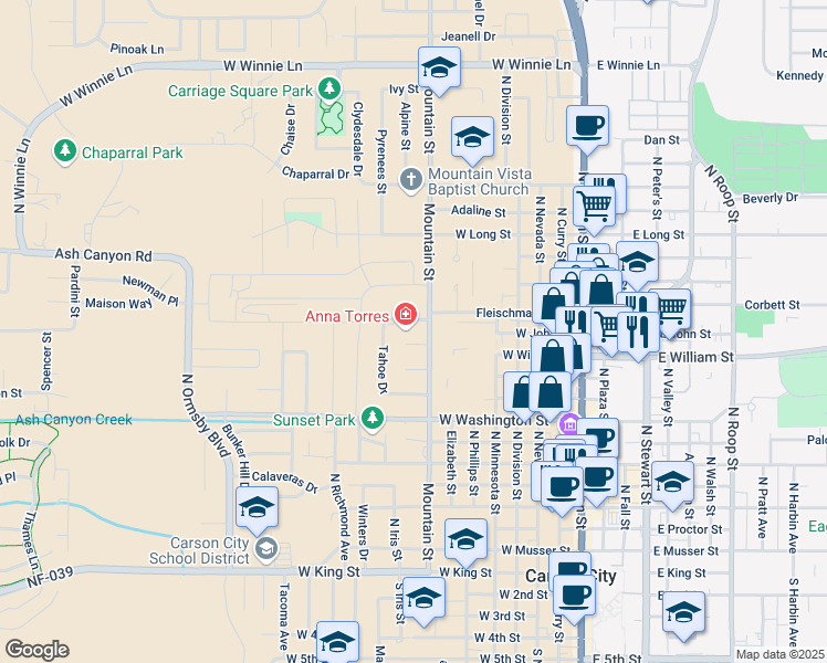 map of restaurants, bars, coffee shops, grocery stores, and more near 1200 Mountain St in Carson City