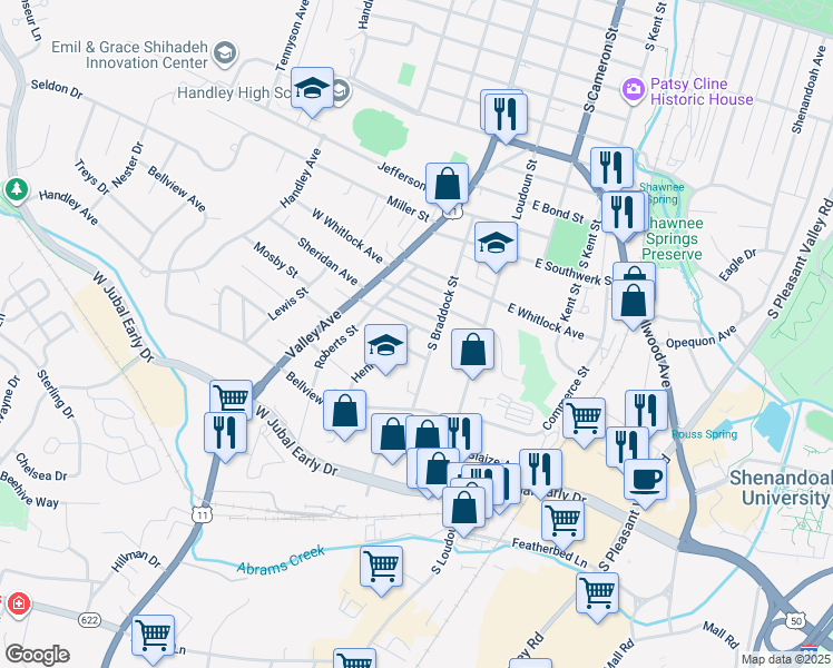 map of restaurants, bars, coffee shops, grocery stores, and more near 1600 Henry Avenue in Winchester