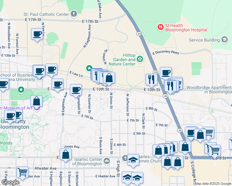map of restaurants, bars, coffee shops, grocery stores, and more near 1900 East 10th Street in Bloomington