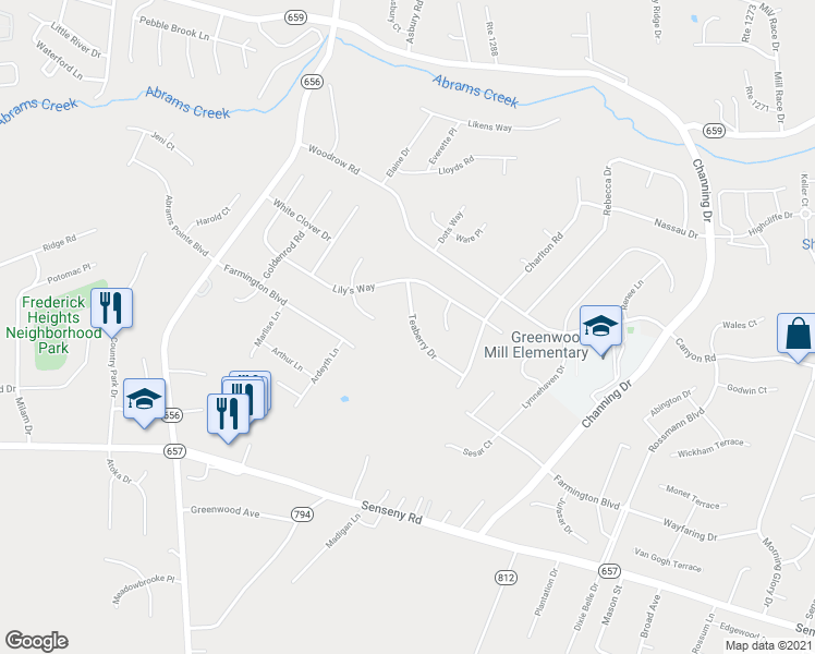map of restaurants, bars, coffee shops, grocery stores, and more near 110 Teaberry Drive in Winchester
