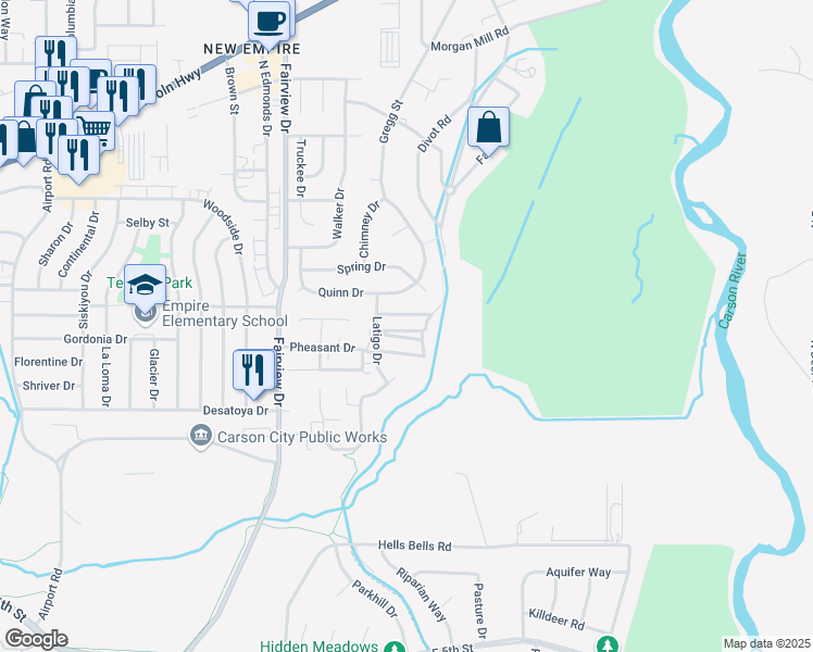 map of restaurants, bars, coffee shops, grocery stores, and more near 4244 Mulligan Drive in Carson City