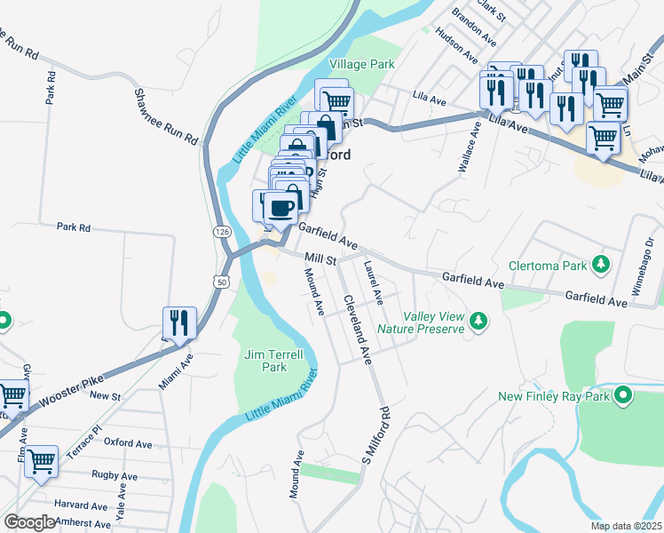 map of restaurants, bars, coffee shops, grocery stores, and more near 434 Mill Street in Milford