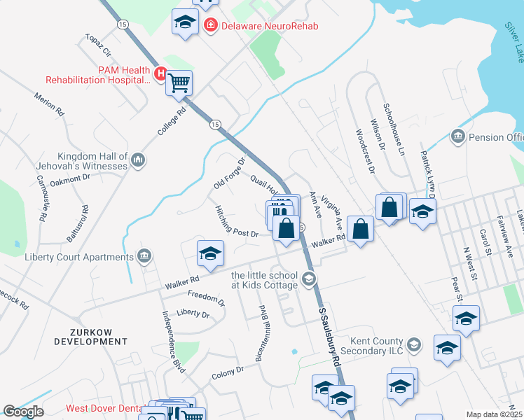 map of restaurants, bars, coffee shops, grocery stores, and more near 67 Village Drive in Dover