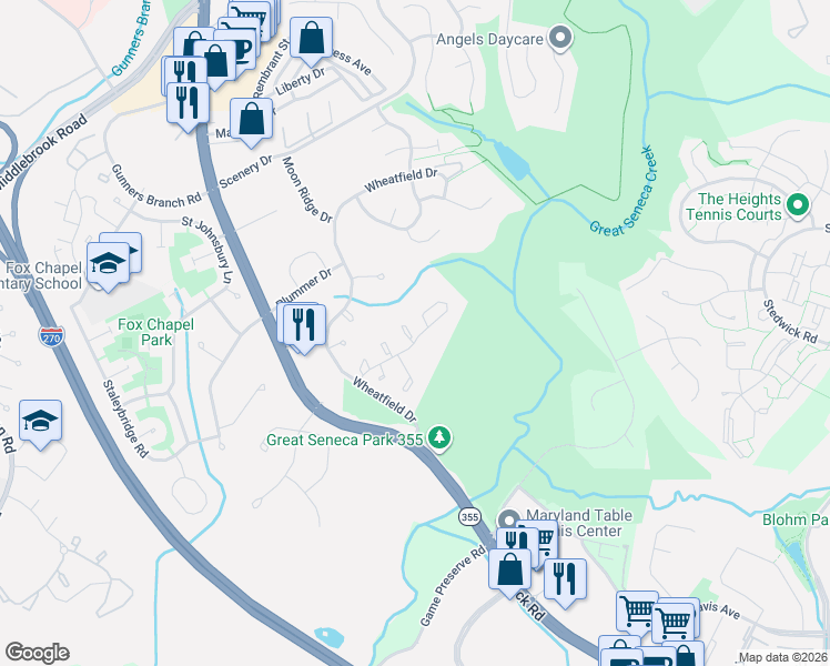 map of restaurants, bars, coffee shops, grocery stores, and more near 11101 Weatherburn Place in Gaithersburg
