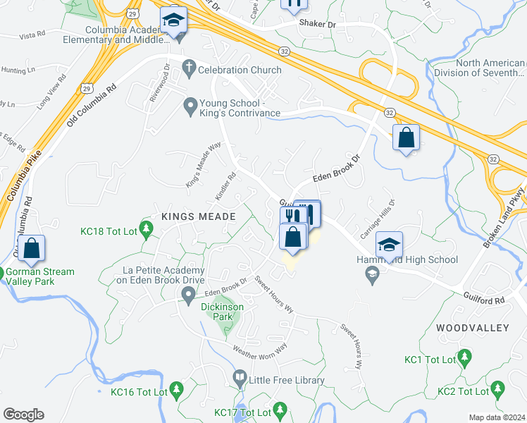 map of restaurants, bars, coffee shops, grocery stores, and more near 8580 Guilford Road in Columbia