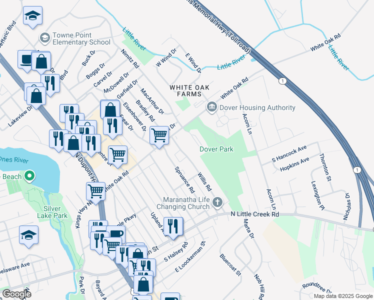 map of restaurants, bars, coffee shops, grocery stores, and more near 177 Willis Road in Dover