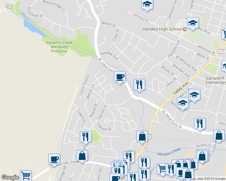 map of restaurants, bars, coffee shops, grocery stores, and more near 1802 Tilghman Lane in Winchester