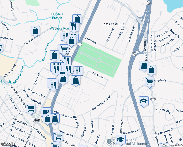 map of restaurants, bars, coffee shops, grocery stores, and more near 305 7th Avenue Northeast in Glen Burnie