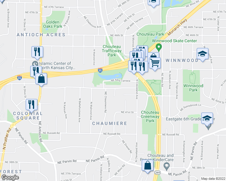 map of restaurants, bars, coffee shops, grocery stores, and more near 4222 North Askew Avenue in Kansas City