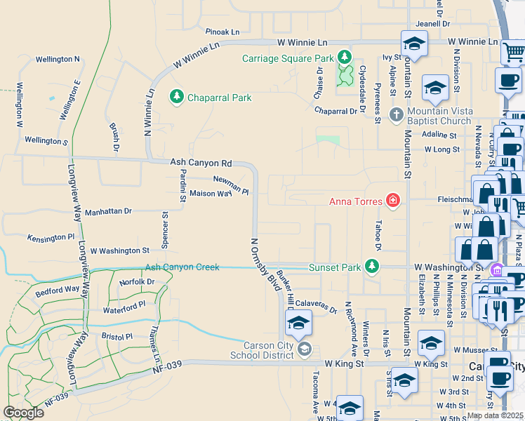 map of restaurants, bars, coffee shops, grocery stores, and more near 1089 North Ormsby Boulevard in Carson City