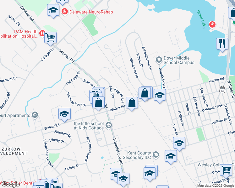 map of restaurants, bars, coffee shops, grocery stores, and more near 30 Virginia Avenue in Dover