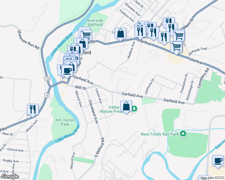 map of restaurants, bars, coffee shops, grocery stores, and more near 870 Garfield Avenue in Milford
