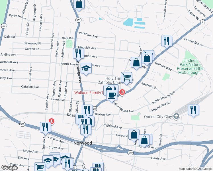 map of restaurants, bars, coffee shops, grocery stores, and more near 5243 Fenwick Avenue in Norwood