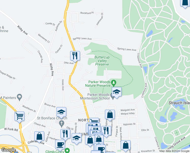 map of restaurants, bars, coffee shops, grocery stores, and more near 1582 Glen Parker Avenue in Cincinnati