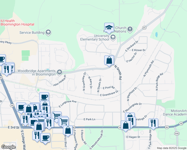 map of restaurants, bars, coffee shops, grocery stores, and more near 3524 East Hollywood Drive in Bloomington