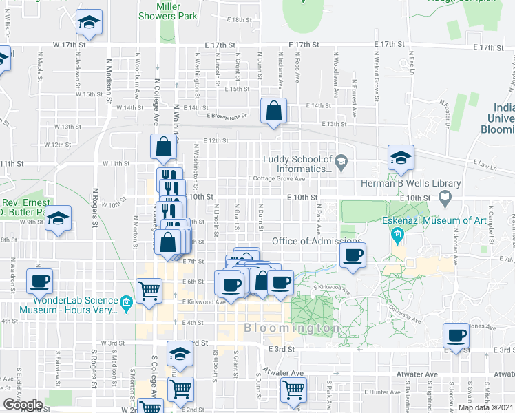 map of restaurants, bars, coffee shops, grocery stores, and more near 515 North Prow Avenue in Bloomington