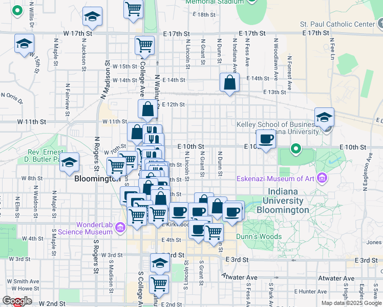 map of restaurants, bars, coffee shops, grocery stores, and more near 515 North Grant Street in Bloomington