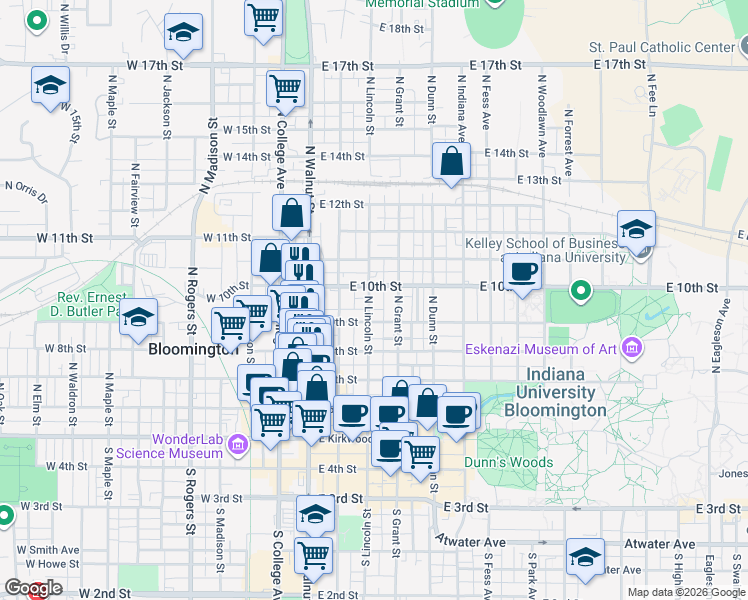 map of restaurants, bars, coffee shops, grocery stores, and more near 515 North Grant Street in Bloomington