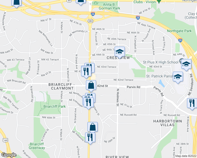 map of restaurants, bars, coffee shops, grocery stores, and more near 513 Northeast 42nd Terrace in Kansas City