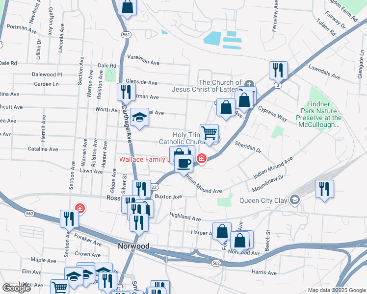 map of restaurants, bars, coffee shops, grocery stores, and more near 5243 Fenwick Avenue in Norwood