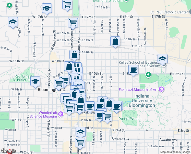 map of restaurants, bars, coffee shops, grocery stores, and more near 515 North Grant Street in Bloomington