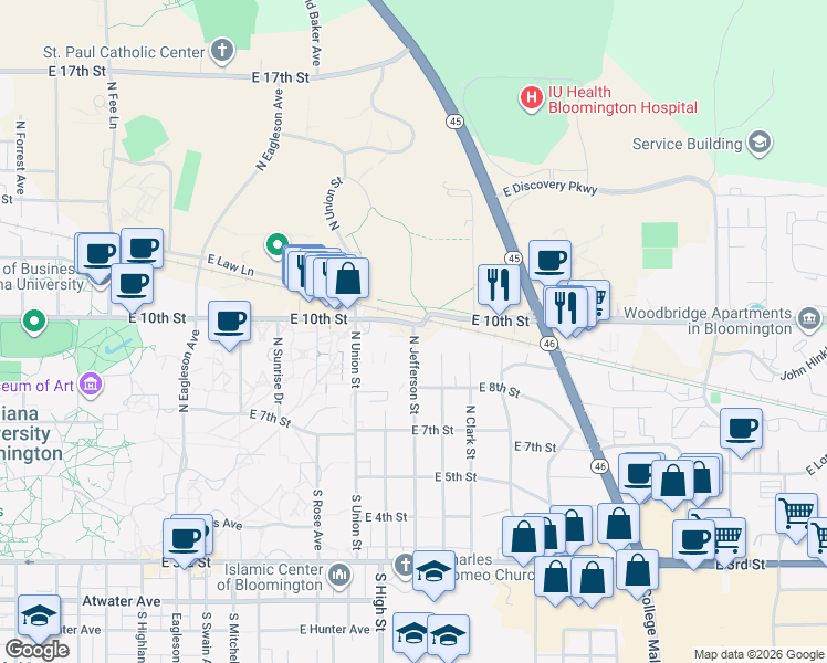 map of restaurants, bars, coffee shops, grocery stores, and more near in Bloomington