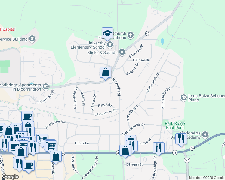 map of restaurants, bars, coffee shops, grocery stores, and more near 662-798 North Meadowlark Lane in Bloomington