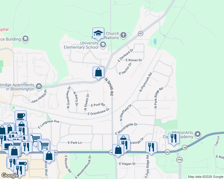 map of restaurants, bars, coffee shops, grocery stores, and more near 800 North Smith Road in Bloomington