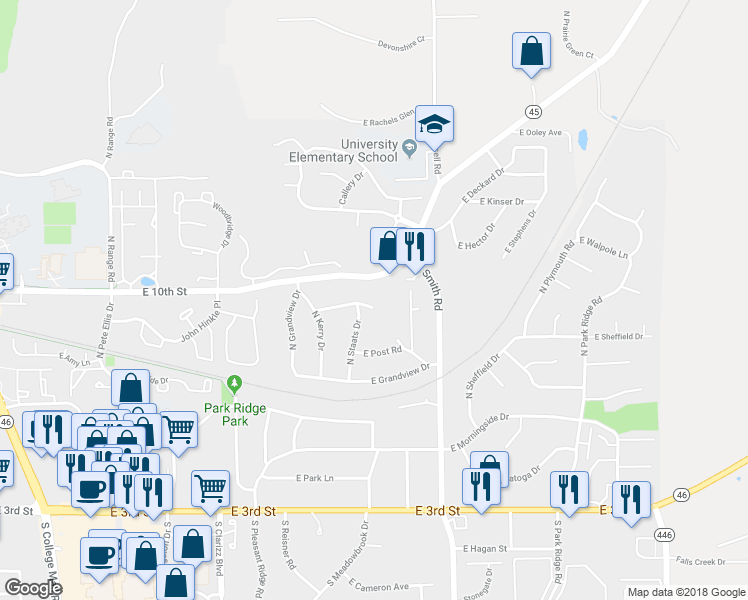 map of restaurants, bars, coffee shops, grocery stores, and more near 3607 East Hollywood Drive in Bloomington