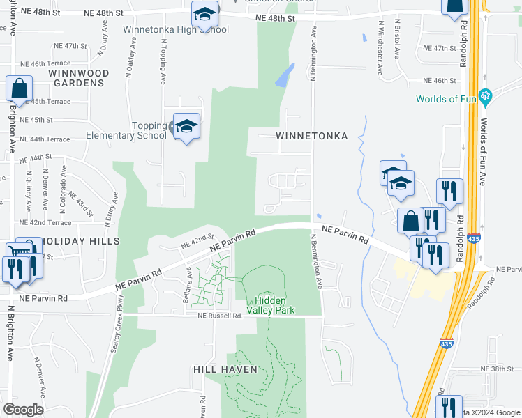 map of restaurants, bars, coffee shops, grocery stores, and more near 6451 Northeast 43rd Street in Kansas City