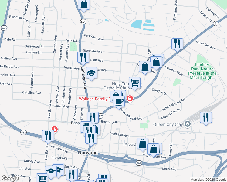 map of restaurants, bars, coffee shops, grocery stores, and more near 5243 Fenwick Avenue in Norwood