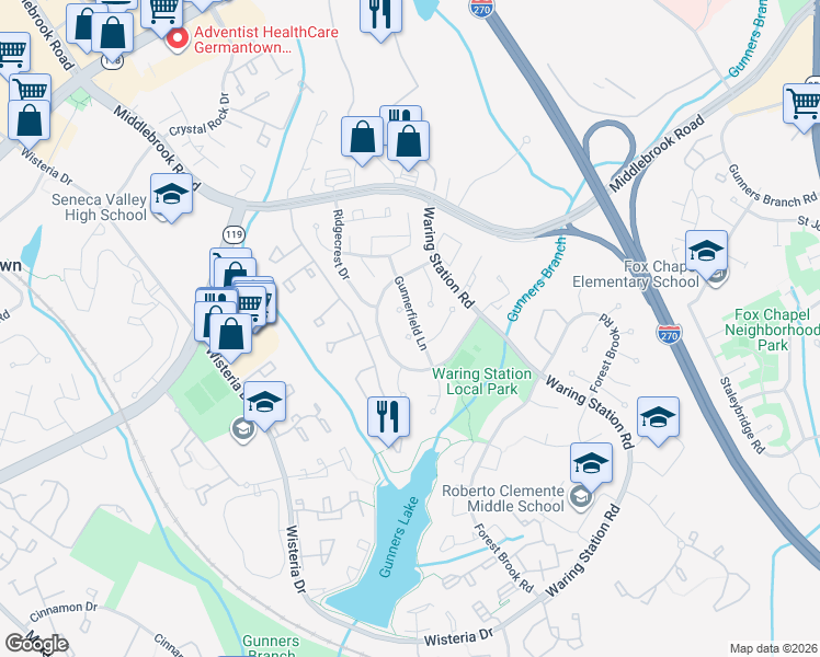 map of restaurants, bars, coffee shops, grocery stores, and more near 1 Gunnerfield Court in Germantown