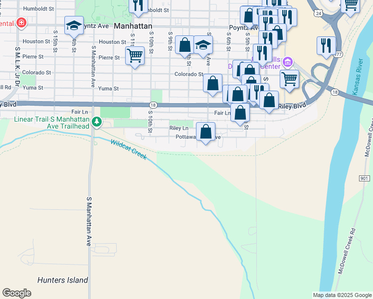 map of restaurants, bars, coffee shops, grocery stores, and more near 815 Glenstone Circle in Manhattan