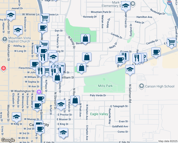 map of restaurants, bars, coffee shops, grocery stores, and more near 1050 East William Street in Carson City