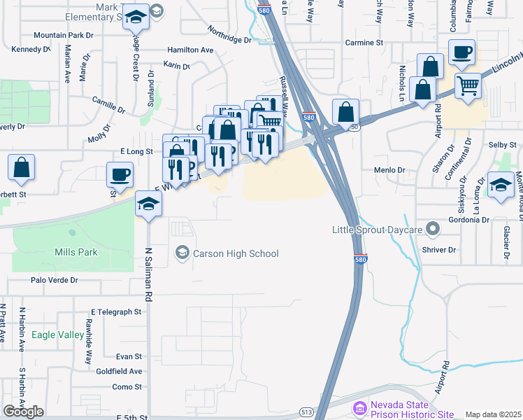map of restaurants, bars, coffee shops, grocery stores, and more near 2171 East William Street in Carson City