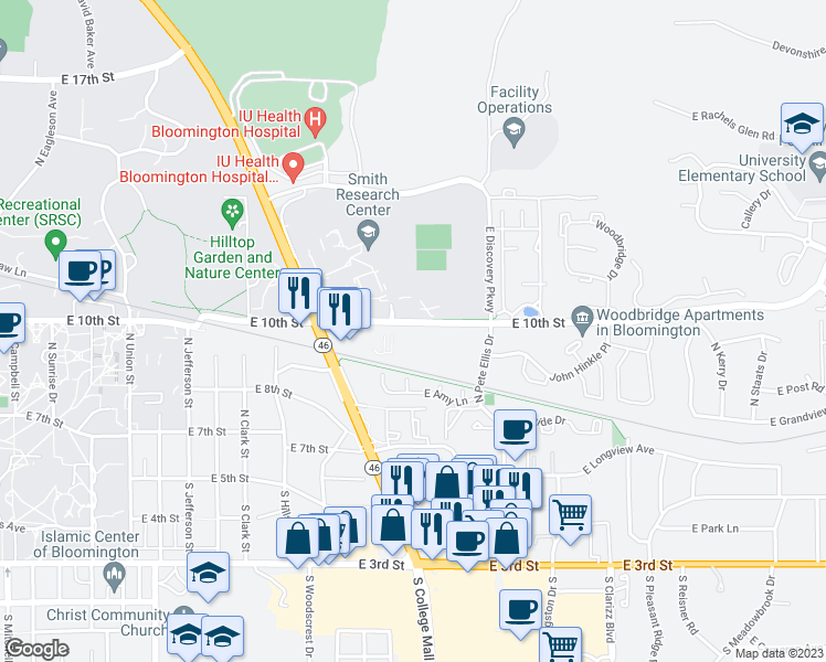 map of restaurants, bars, coffee shops, grocery stores, and more near 2820 East 10th Street in Bloomington