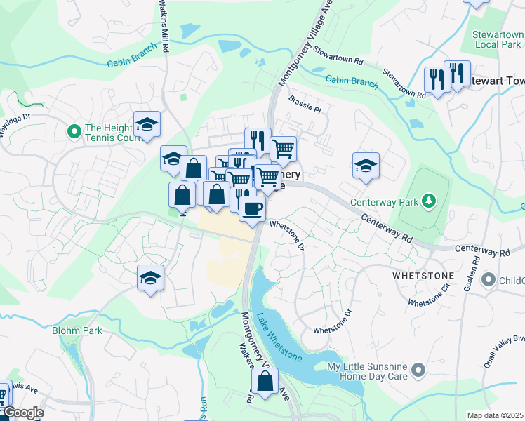 map of restaurants, bars, coffee shops, grocery stores, and more near 19230 Montgomery Village Avenue in Montgomery Village
