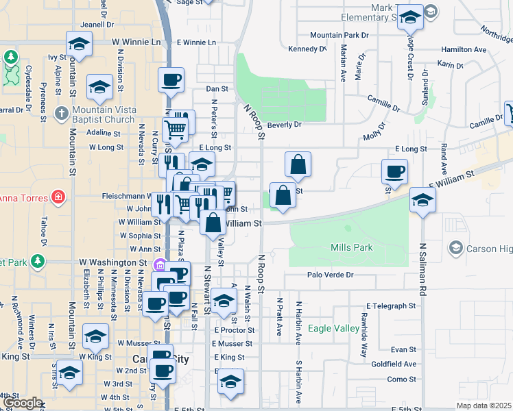 map of restaurants, bars, coffee shops, grocery stores, and more near 636 East John Street in Carson City
