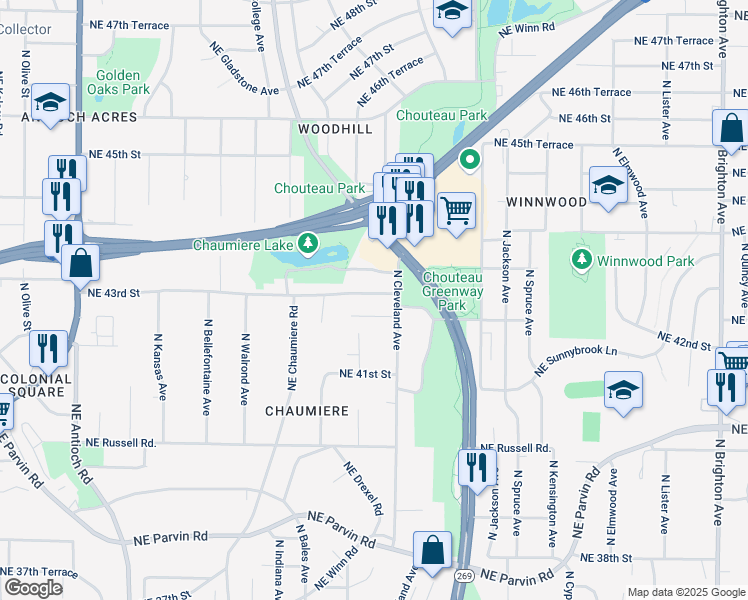 map of restaurants, bars, coffee shops, grocery stores, and more near 3709 Northeast 43rd Street in Kansas City